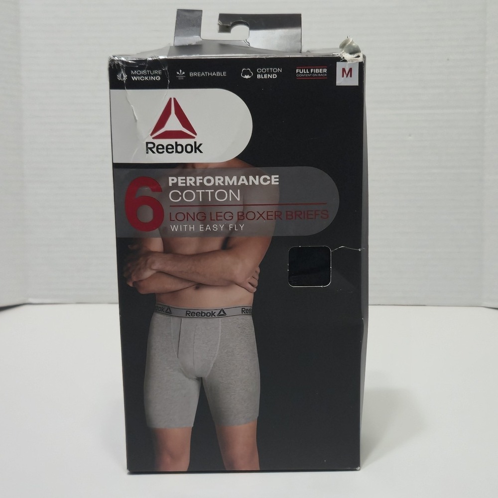 Reebok Performance Cotton Long Leg Boxer Briefs w/Easy Fly Black Medium NEW
